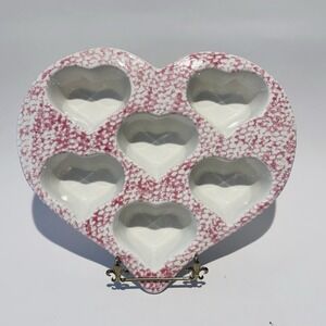 Vintage Red & White Sponge Ware Stoneware Heart Tray 6 Well‎ Heart Mold